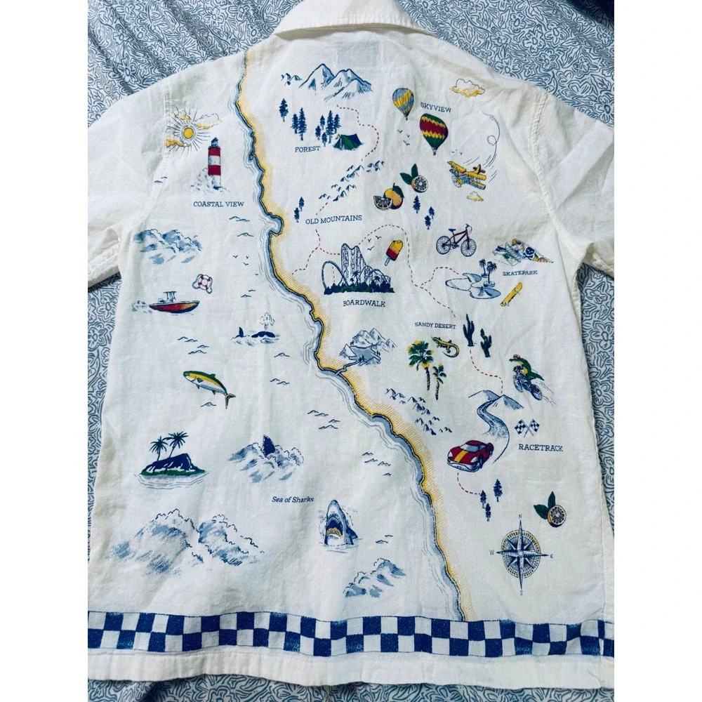 Old Navy Size XL Boy Printed Short-Sleeve Linen-Blend Buttom Up Shirt Travel